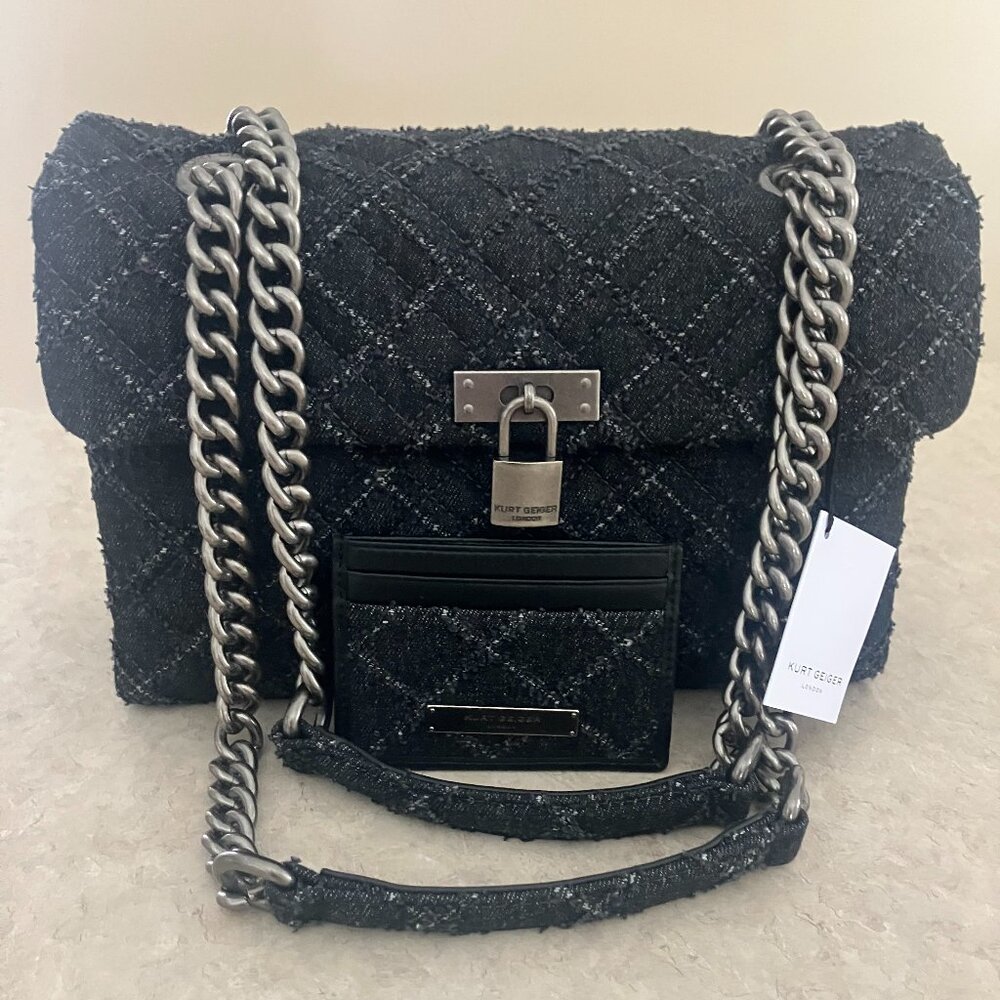 Kurt Geiger Brixton Lock Black Denim Tweed Bag & Card Case Set